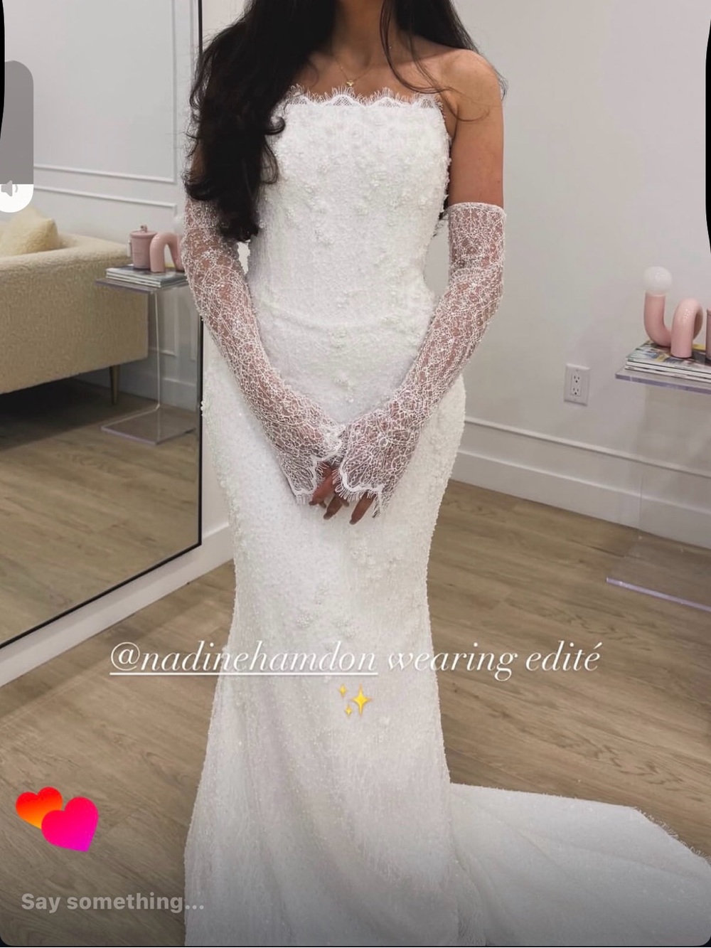 Elegant White Strapless Bridal Gown with Lace Gloves